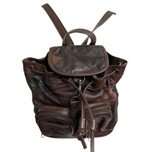 Small Brown Leather Patchwork Backpack Purse Boho Casual Grunge Indie Academia